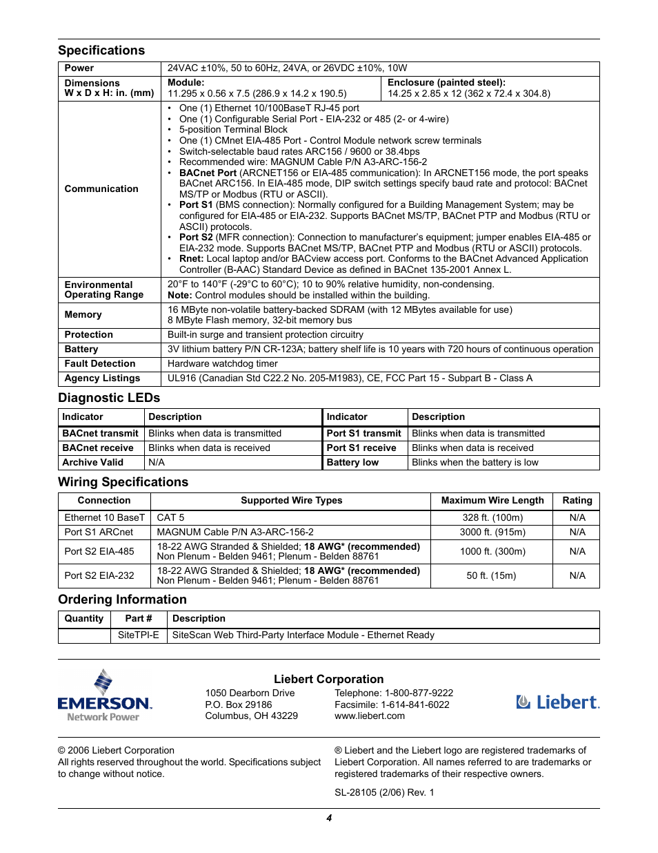 Specifications, Diagnostic leds, Wiring specifications | Ordering information | Emerson SITETPI-E V3 User Manual | Page 4 / 4