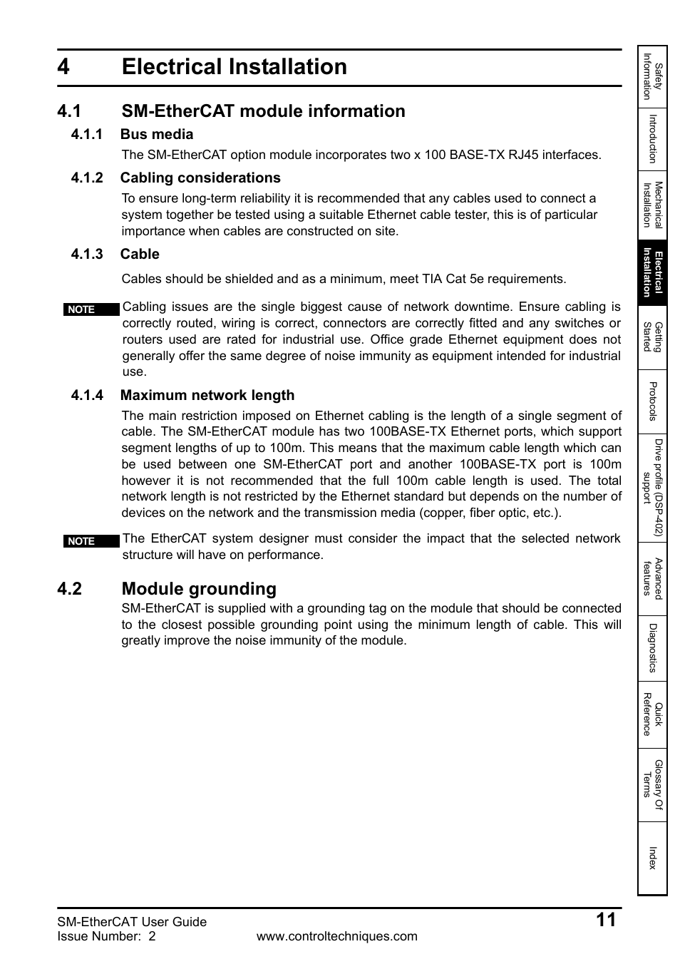 4 electrical installation, 1 sm-ethercat module information, 1 bus media | 2 cabling considerations, 3 cable, 4 maximum network length, 2 module grounding, Electrical installation, Sm-ethercat module information, 2 module | Emerson SM-ETHERCAT 0471-0128-02 User Manual | Page 11 / 70
