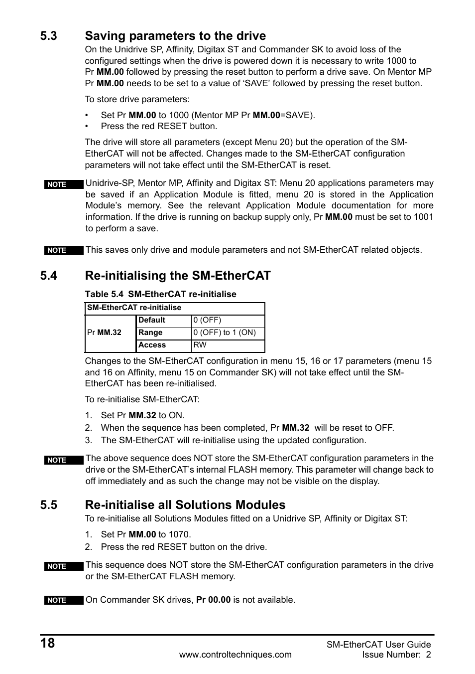 3 saving parameters to the drive, 4 re-initialising the sm-ethercat, 5 re-initialise all solutions modules | Saving parameters to the drive, 4 re-initialising, Sm-ethercat, Re-initialise all solutions modules | Emerson SM-ETHERCAT 0471-0128-02 User Manual | Page 18 / 70