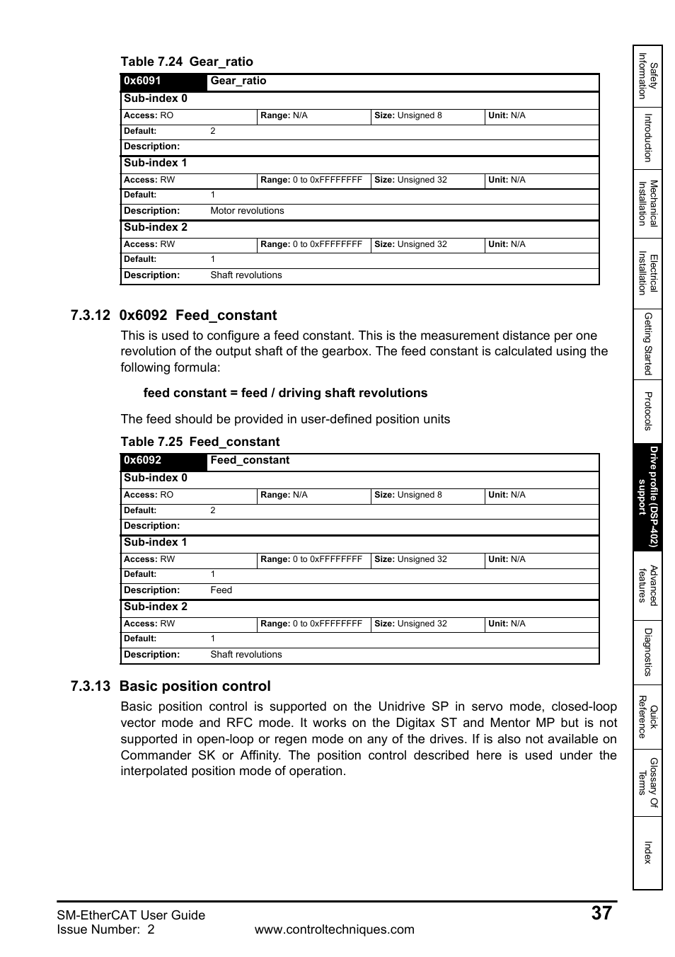 12 0x6092 feed_constant, 13 basic position control, Sm-ethercat user guide | Table 7.25 feed_constant | Emerson SM-ETHERCAT 0471-0128-02 User Manual | Page 37 / 70