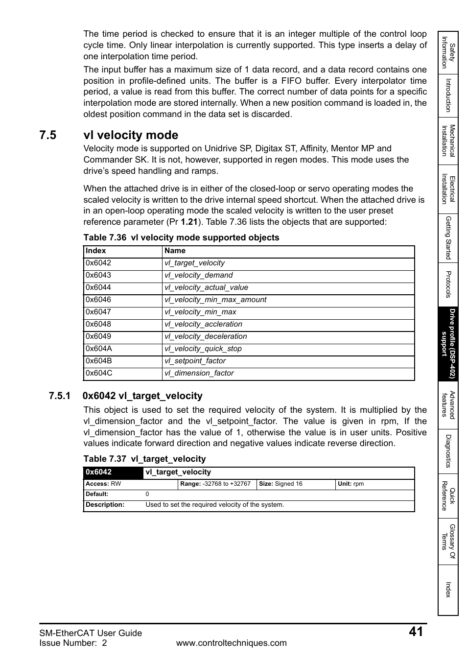 5 vl velocity mode, 1 0x6042 vl_target_velocity, Vl velocity mode | Sm-ethercat user guide, Table 7.37 vl_target_velocity | Emerson SM-ETHERCAT 0471-0128-02 User Manual | Page 41 / 70