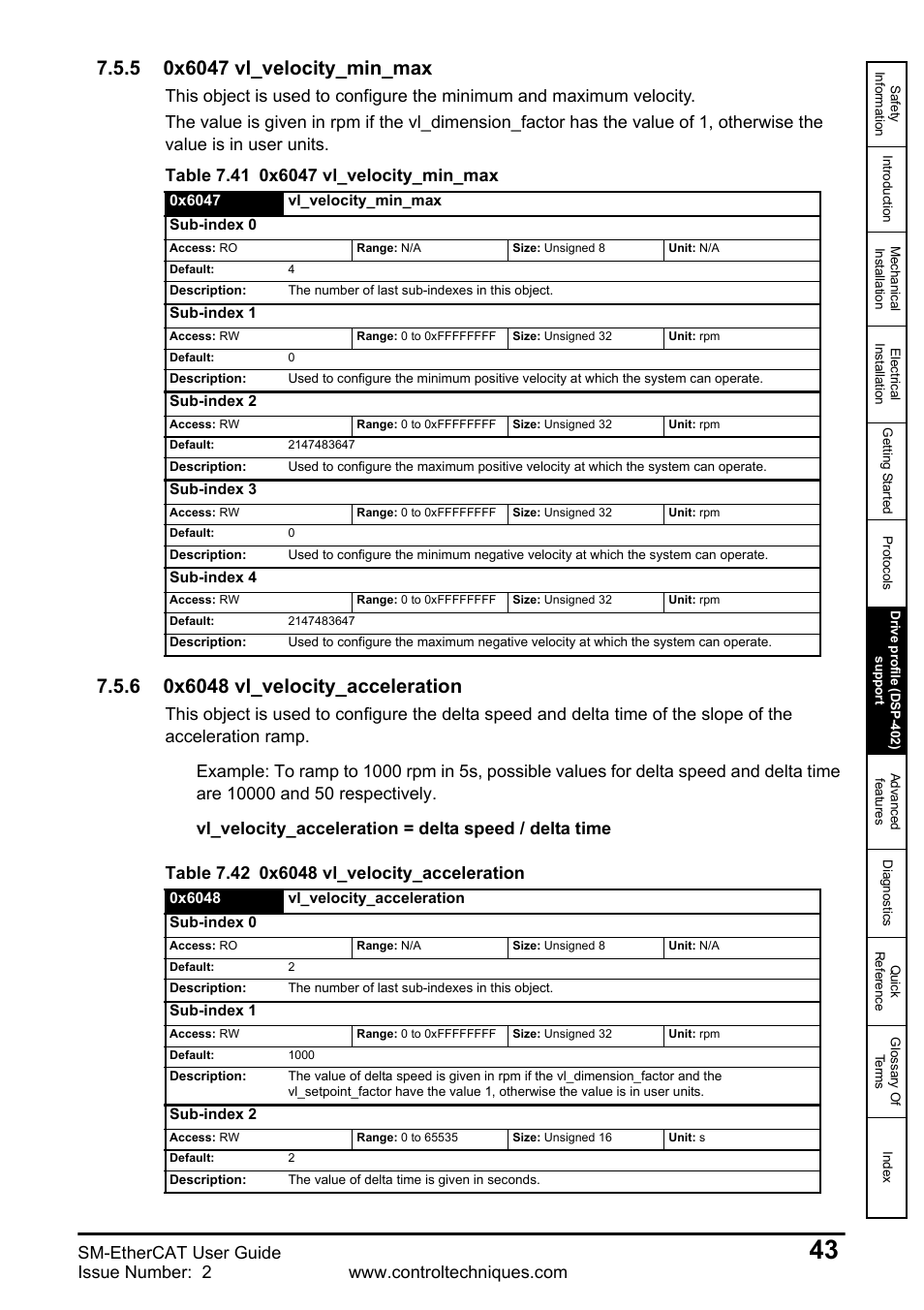 5 0x6047 vl_velocity_min_max, 6 0x6048 vl_velocity_acceleration, Sm-ethercat user guide | Emerson SM-ETHERCAT 0471-0128-02 User Manual | Page 43 / 70