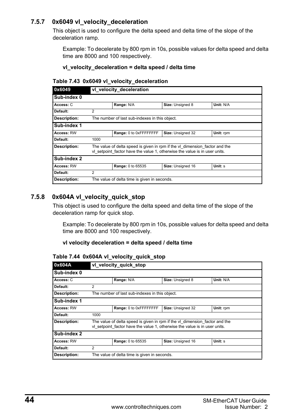 7 0x6049 vl_velocity_deceleration, 8 0x604a vl_velocity_quick_stop | Emerson SM-ETHERCAT 0471-0128-02 User Manual | Page 44 / 70
