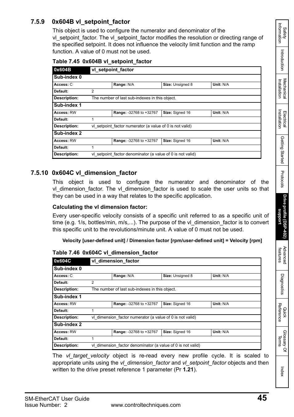 9 0x604b vl_setpoint_factor, 10 0x604c vl_dimension_factor, Sm-ethercat user guide | Emerson SM-ETHERCAT 0471-0128-02 User Manual | Page 45 / 70