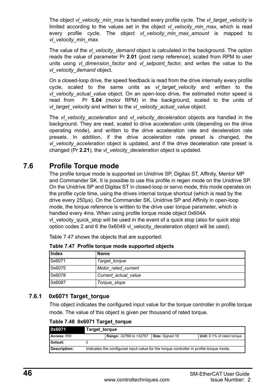 6 profile torque mode, 1 0x6071 target_torque, Profile torque mode | Emerson SM-ETHERCAT 0471-0128-02 User Manual | Page 46 / 70