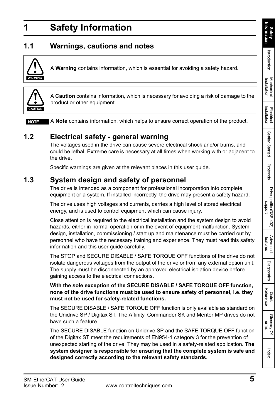 1 safety information, 1 warnings, cautions and notes, 2 electrical safety - general warning | 3 system design and safety of personnel, Safety information, Warnings, cautions and notes, Electrical safety - general warning, System design and safety of personnel, 1safety information | Emerson SM-ETHERCAT 0471-0128-02 User Manual | Page 5 / 70