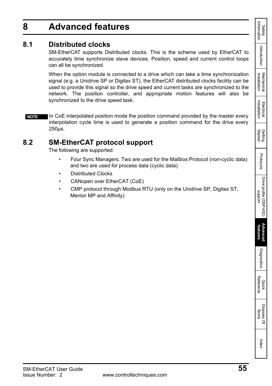 8 advanced features, 1 distributed clocks, 2 sm-ethercat protocol support | Advanced features, 1 distributed, Clocks, 2 sm-ethercat, Protocol, Support, Feat ur | Emerson SM-ETHERCAT 0471-0128-02 User Manual | Page 55 / 70