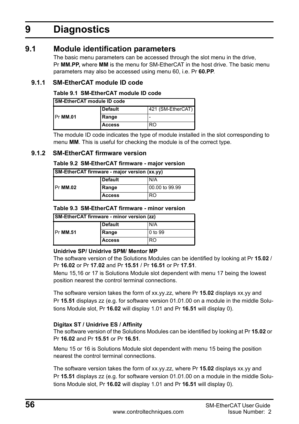9 diagnostics, 1 module identification parameters, 1 sm-ethercat module id code | 2 sm-ethercat firmware version, Diagnostics, 1 module, Identification, Parameters, Gno sti, Stics | Emerson SM-ETHERCAT 0471-0128-02 User Manual | Page 56 / 70