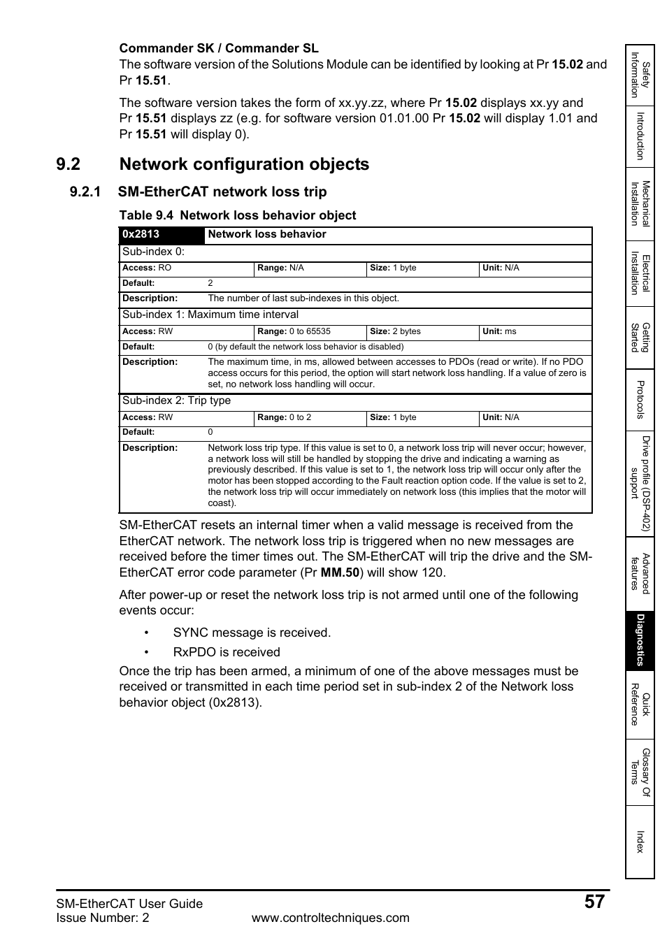 2 network configuration objects, 1 sm-ethercat network loss trip, Network configuration objects | Sm-ethercat user guide | Emerson SM-ETHERCAT 0471-0128-02 User Manual | Page 57 / 70