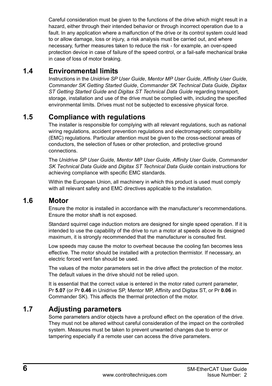 4 environmental limits, 5 compliance with regulations, 6 motor | 7 adjusting parameters, 4 environmental, Limits, Compliance with regulations, 7 adjusting, Parameters | Emerson SM-ETHERCAT 0471-0128-02 User Manual | Page 6 / 70