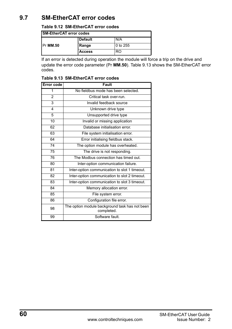 7 sm-ethercat error codes, 7 sm-ethercat, Error | Codes | Emerson SM-ETHERCAT 0471-0128-02 User Manual | Page 60 / 70