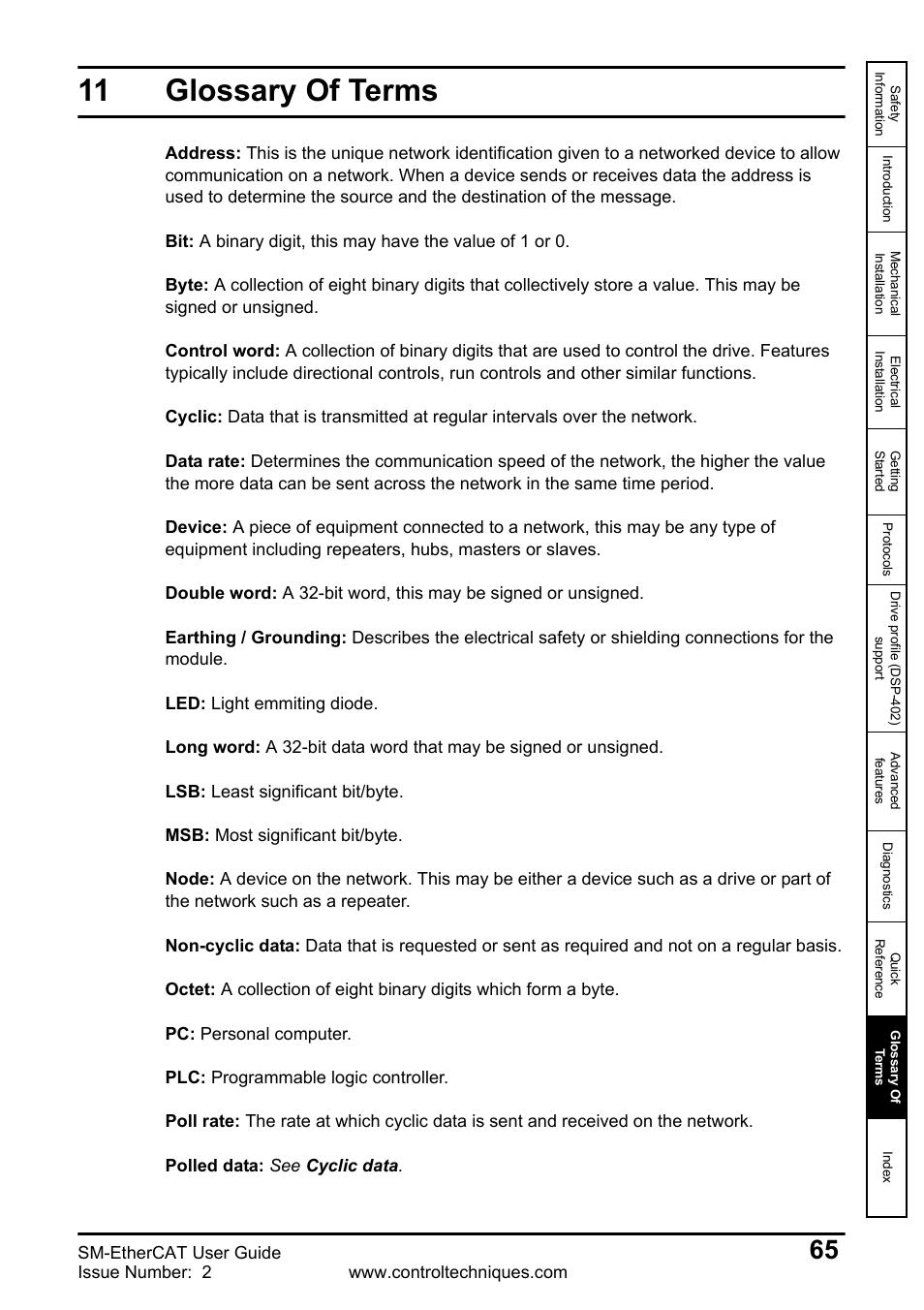 11 glossary of terms, Glossary of terms, Ssary of | Emerson SM-ETHERCAT 0471-0128-02 User Manual | Page 65 / 70