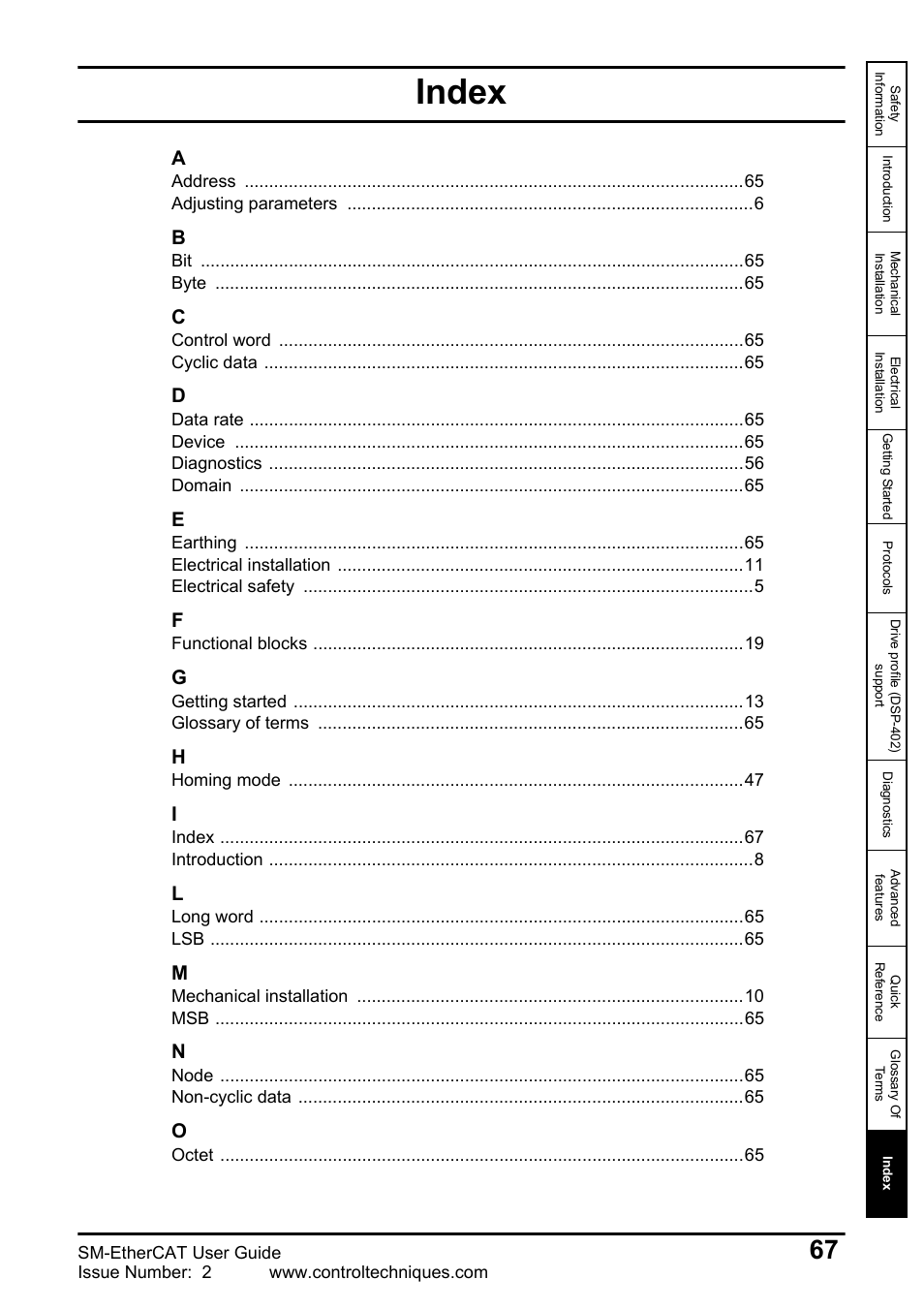 Index | Emerson SM-ETHERCAT 0471-0128-02 User Manual | Page 67 / 70