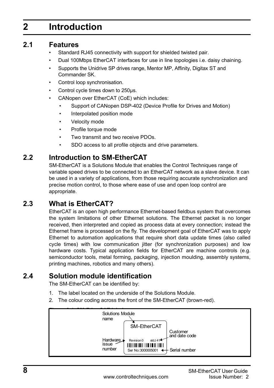 2 introduction, 1 features, 2 introduction to sm-ethercat | 3 what is ethercat, 4 solution module identification, Introduction, Introduction to sm-ethercat, What is ethercat, Solution module identification, 2introduction | Emerson SM-ETHERCAT 0471-0128-02 User Manual | Page 8 / 70