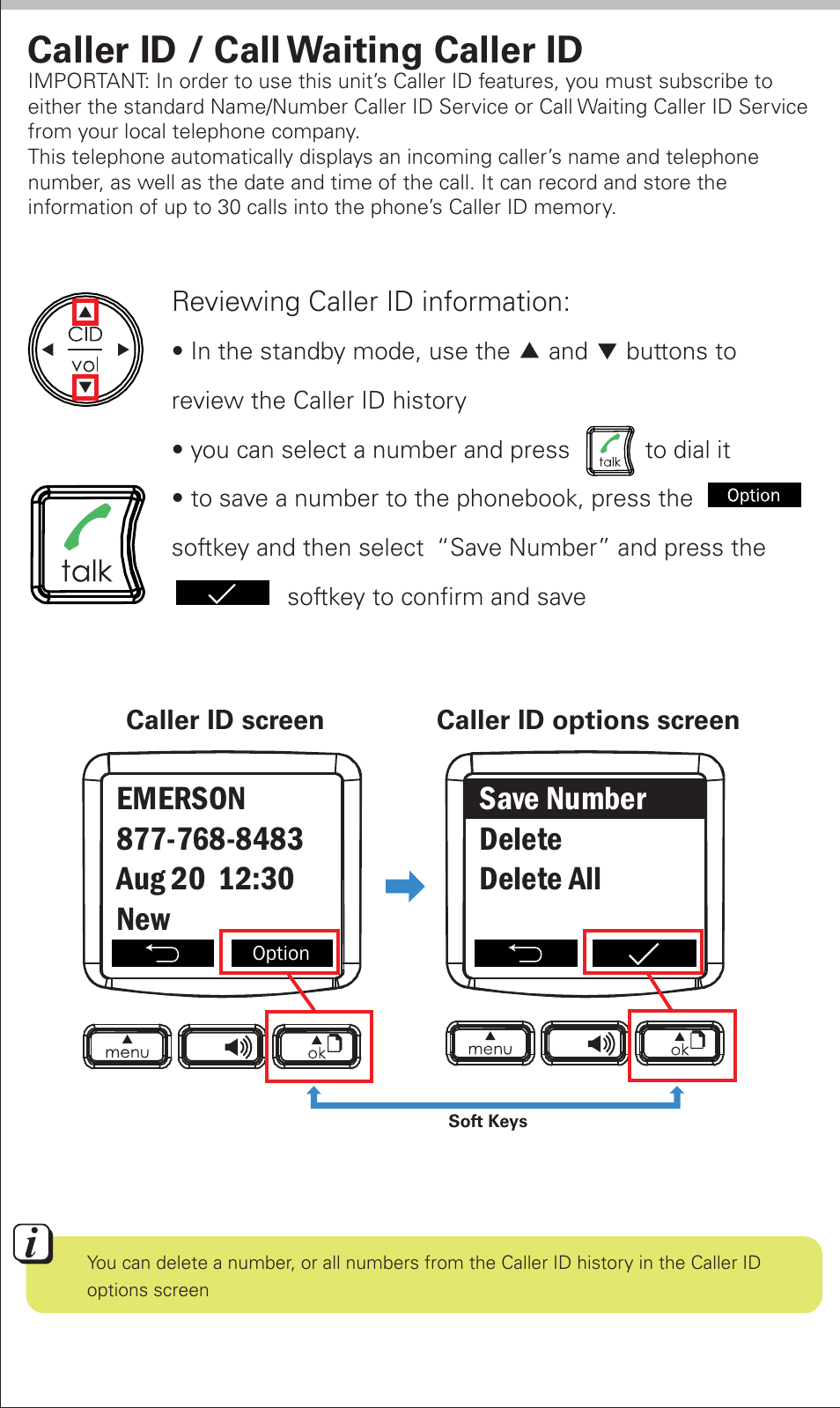 Call waiting / flash, Caller id / call waiting caller id, Save number delete delete all | Emerson EM6000 User Manual | Page 10 / 20