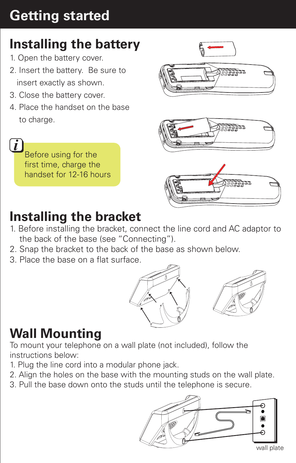 Getting started, Installing the battery, Installing the bracket | Wall mounting | Emerson EM6000 User Manual | Page 3 / 20