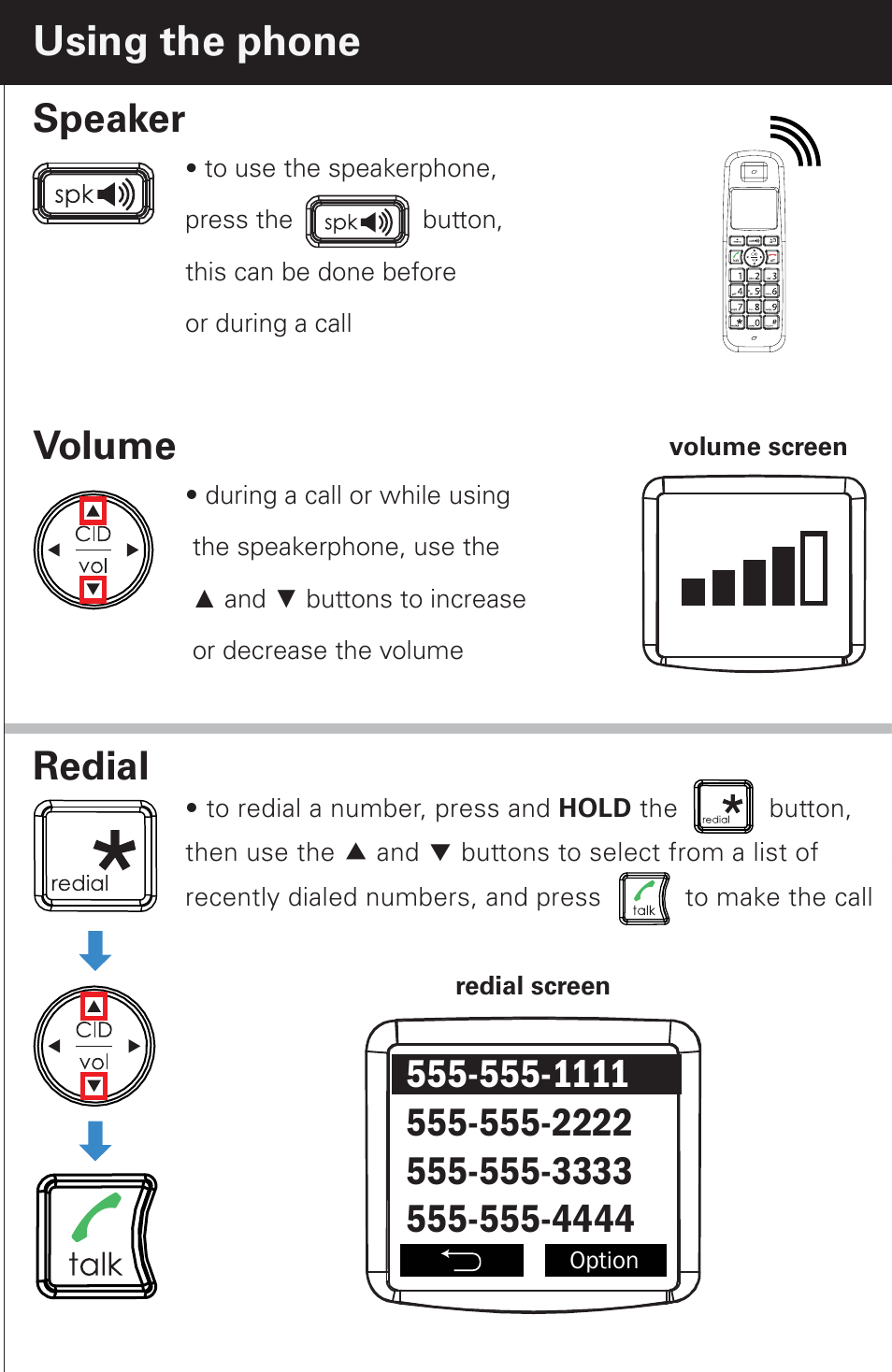 Using the phone, Volume, Redial | Speaker | Emerson EM6000 User Manual | Page 6 / 20