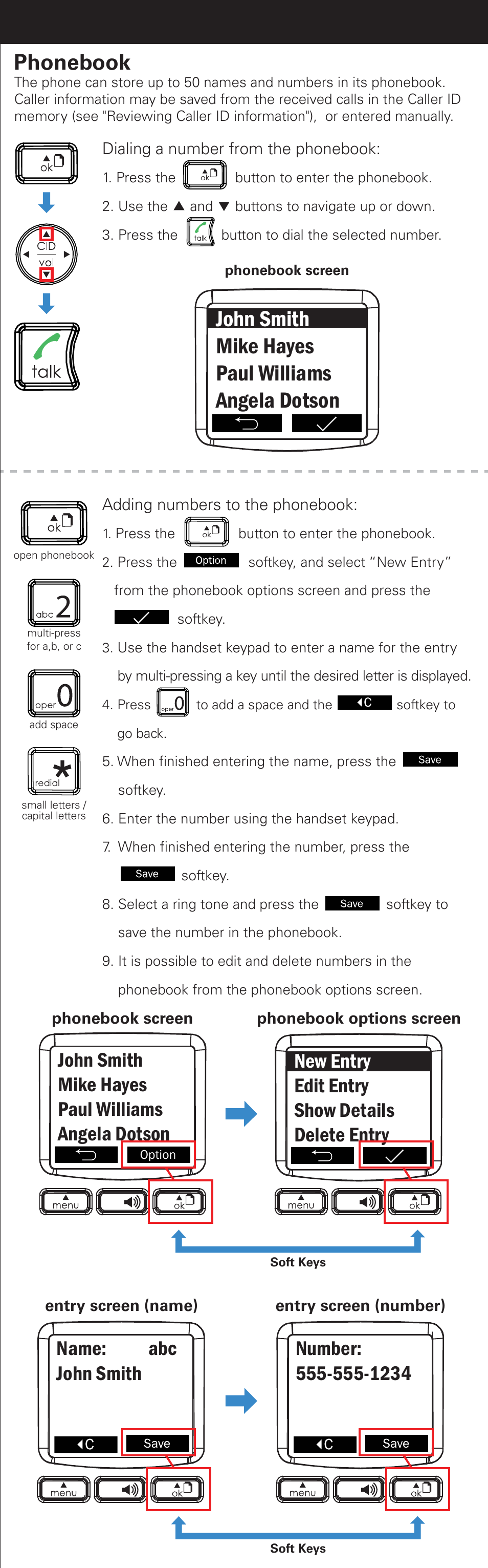 John smith mike hayes paul williams angela dotson, Phonebook, New entry edit entry show details delete entry | Name: abc john smith | Emerson EM6000 User Manual | Page 7 / 20