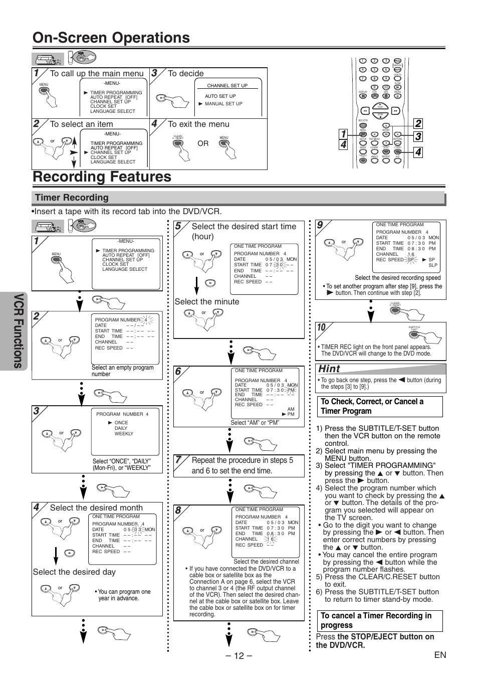 On-screen operations, Recording features, Vcr functions | Hint, Timer recording, Insert a tape with its record tab into the dvd/vcr, Select the desired month select the desired day | Emerson EWD2004 User Manual | Page 12 / 28