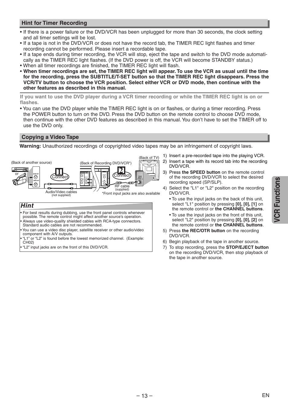 Vcr functions, Hint, Copying a video tape – 13 | Hint for timer recording, Connect | Emerson EWD2004 User Manual | Page 13 / 28