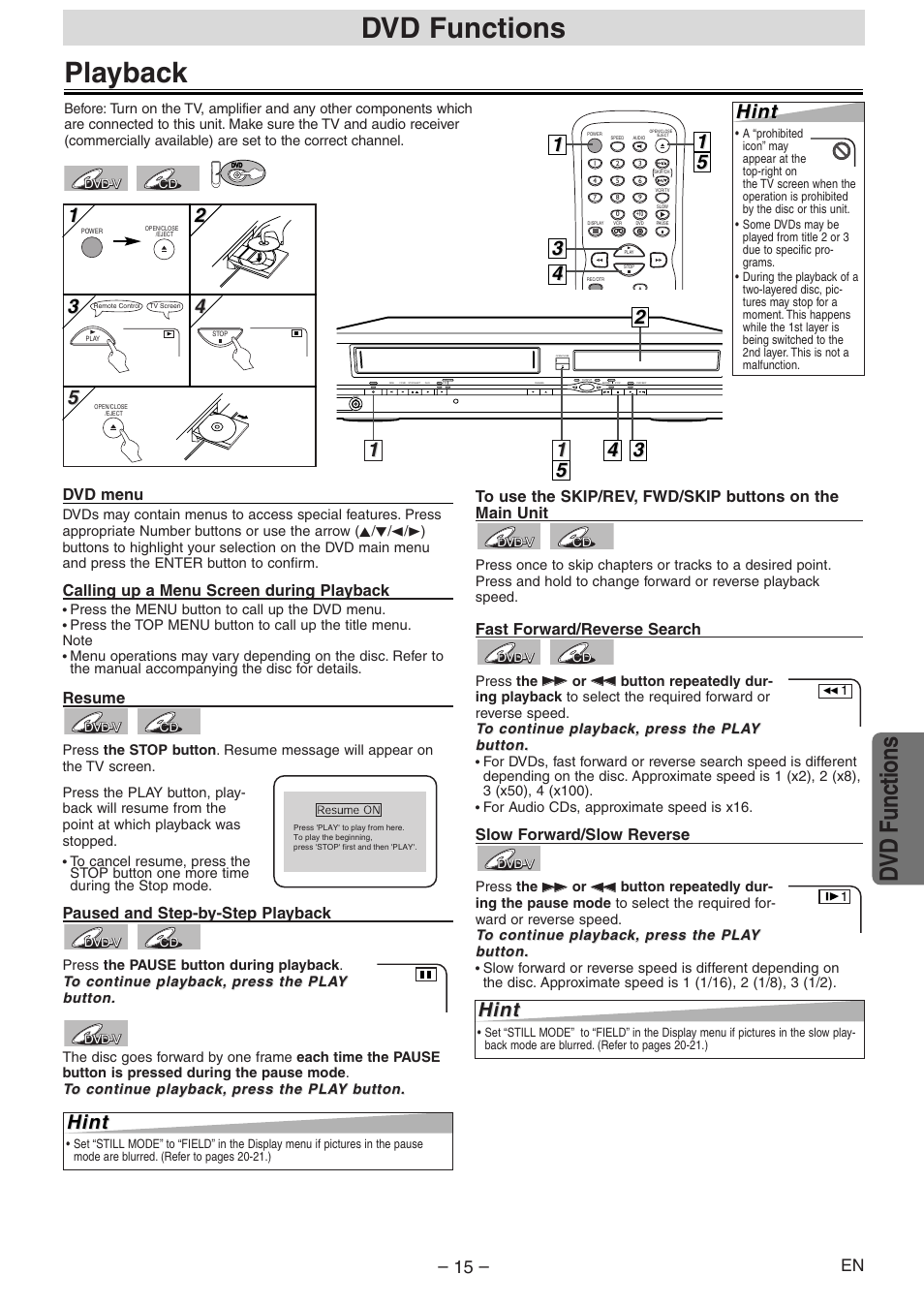 Playback, Dvd functions, 52 2 hint hint | 15 5 hint hint, Hint | Emerson EWD2004 User Manual | Page 15 / 28