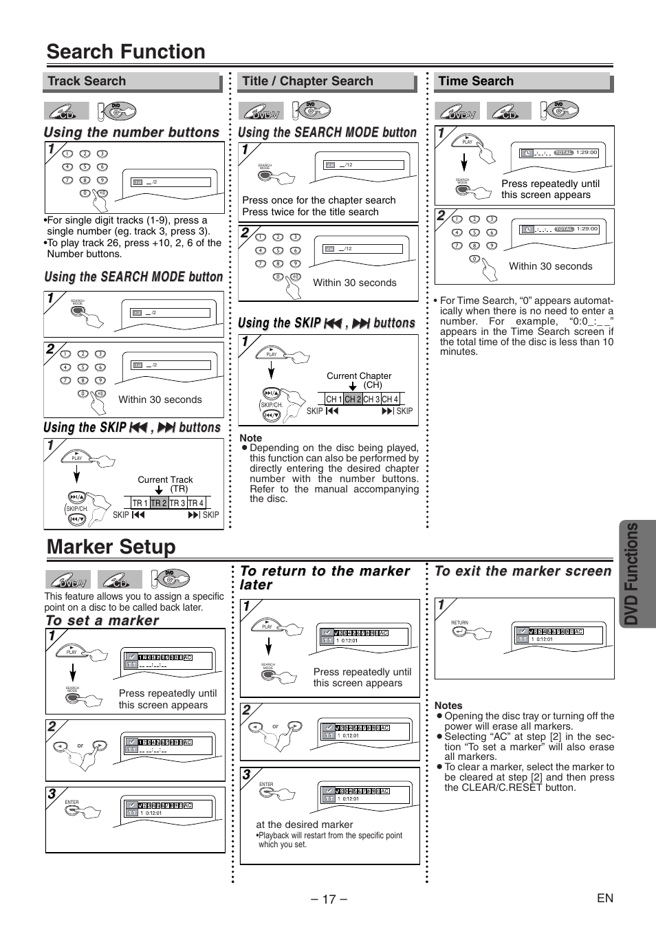 Search function, Marker setup, Dvd functions | Using the search, Using the search mode mode b b utton utton 1 1, Using the n, Using the n umber b umber b uttons uttons, Using the search mode mode b b utton utton, Using the skip, Time search | Emerson EWD2004 User Manual | Page 17 / 28