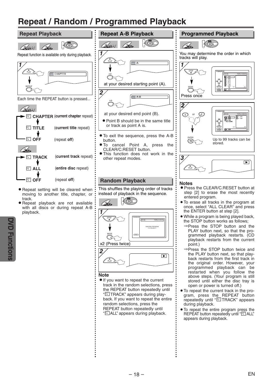 Repeat / random / programmed playback, Dvd functions, Random playback | Emerson EWD2004 User Manual | Page 18 / 28