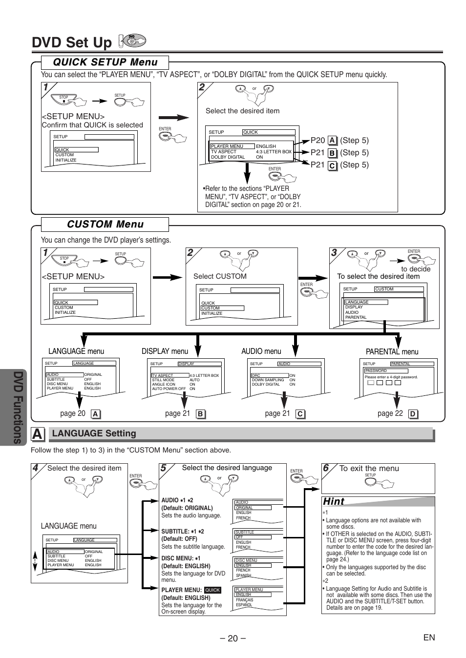 Dvd set up, Dvd functions, Cust | Cust om men om men u u, Hint, Quick setup men uick setup men u u, Language setting | Emerson EWD2004 User Manual | Page 20 / 28