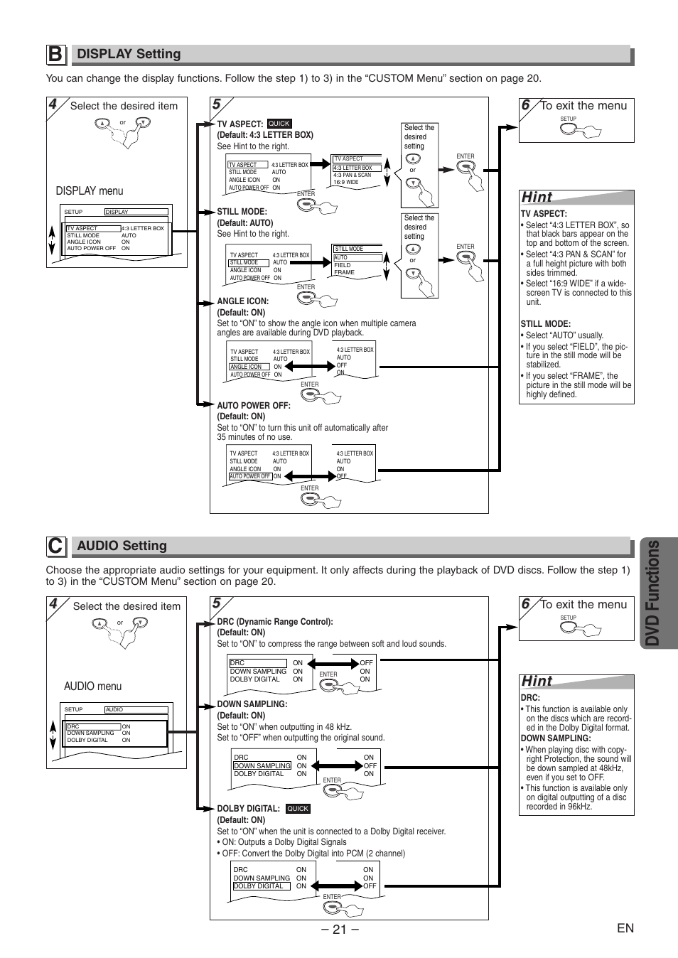 Dvd functions, Hint, Display setting | Audio setting, Display menu, Audio menu | Emerson EWD2004 User Manual | Page 21 / 28