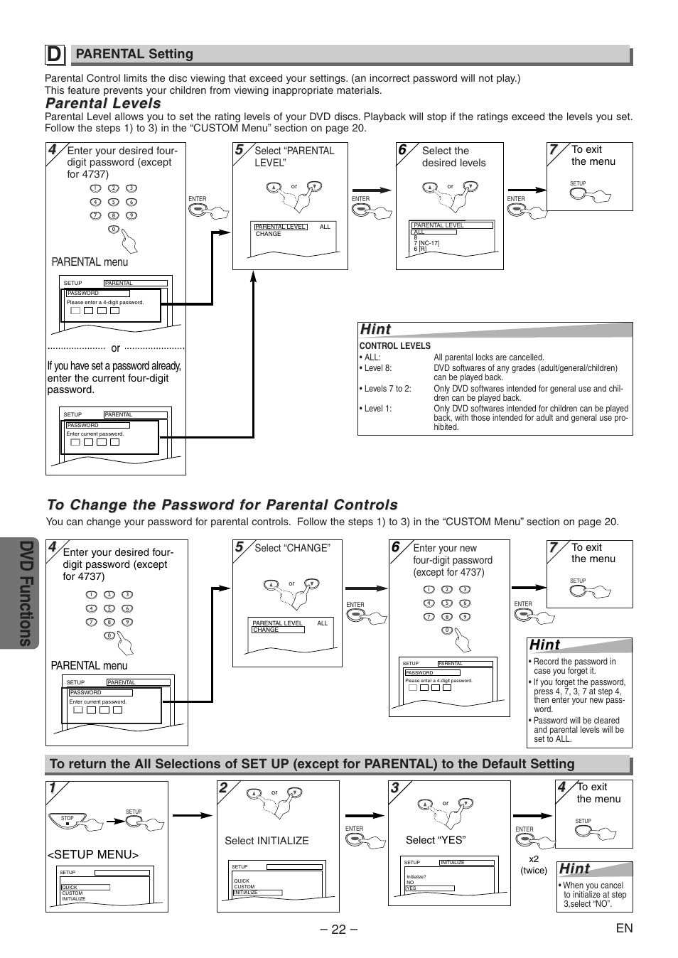 Dvd functions, 4hint hint, Parental arental le le vels vels | Hint, Parental setting | Emerson EWD2004 User Manual | Page 22 / 28
