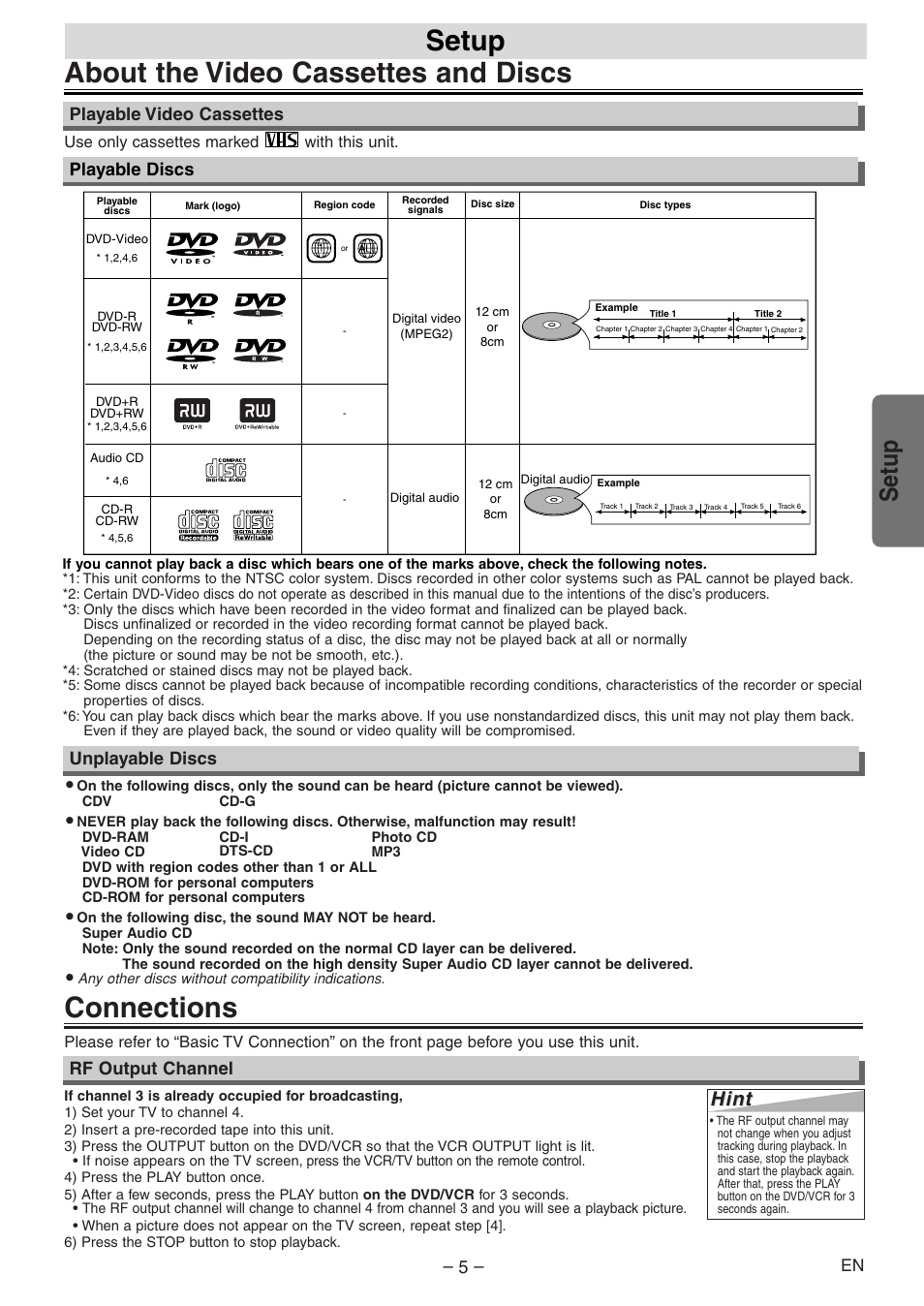 Connections, About the video cassettes and discs, Setup | Hint, Unplayable discs, Rf output channel, Playable discs, Playable video cassettes | Emerson EWD2004 User Manual | Page 5 / 28