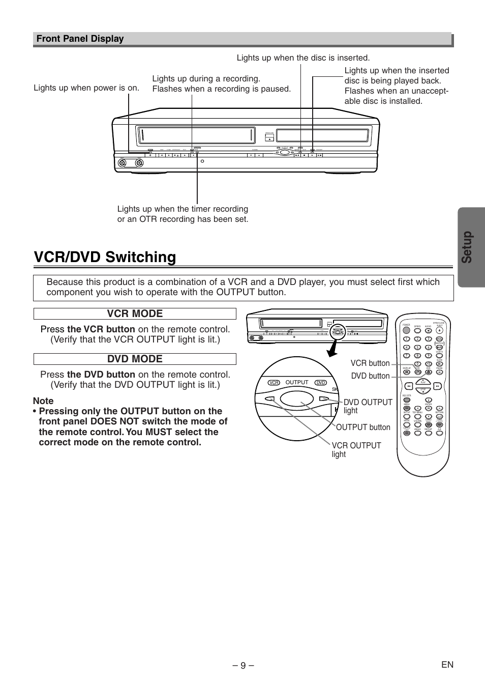 Vcr/dvd switching, Setup, Vcr mode | Dvd mode, Front panel display | Emerson EWD2004 User Manual | Page 9 / 28