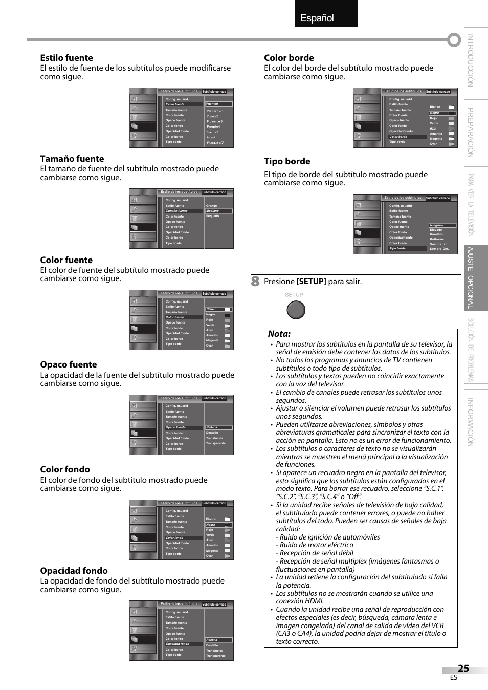 English español français, Estilo fuente, Tamaño fuente | Color fuente, Opaco fuente, Color fondo, Opacidad fondo, Color borde, Tipo borde, Nota | Emerson LC320EMXF User Manual | Page 103 / 116