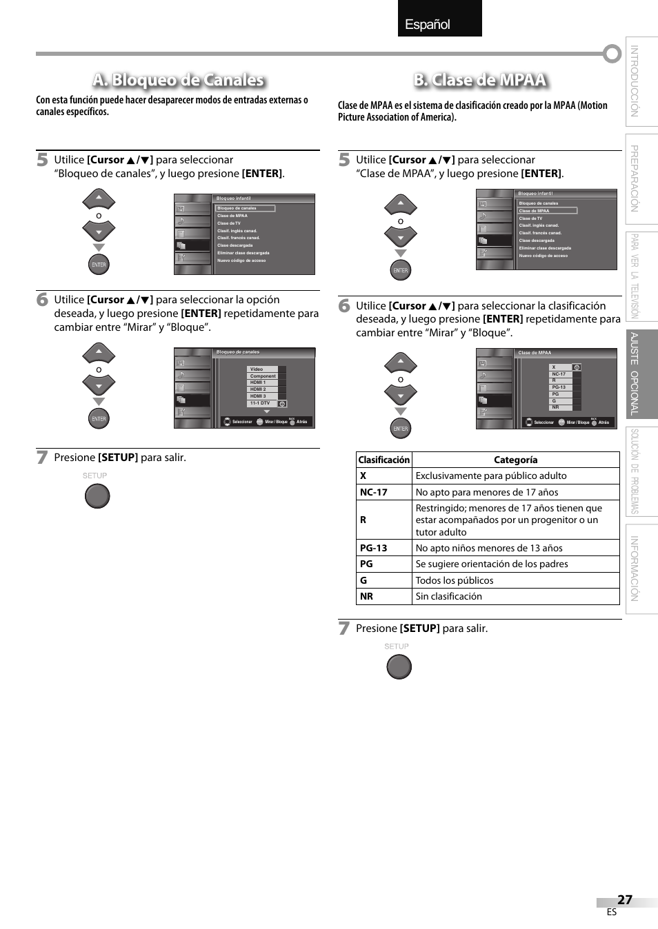 English español français, A. bloqueo de canales, B. clase de mpaa | Presione [setup] para salir | Emerson LC320EMXF User Manual | Page 105 / 116