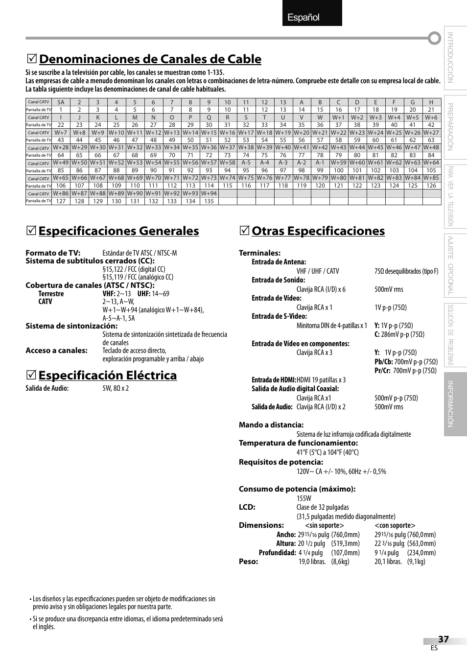 English español français, 5 especificaciones generales, 5 especificación eléctrica | 5 otras especificaciones, 5 denominaciones de canales de cable | Emerson LC320EMXF User Manual | Page 115 / 116