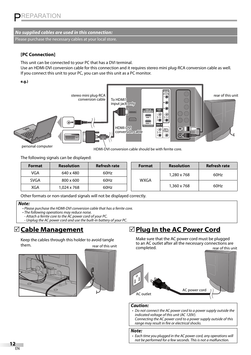 Reparation, 5 cable management, 5 plug in the ac power cord | Emerson LC320EMXF User Manual | Page 12 / 116