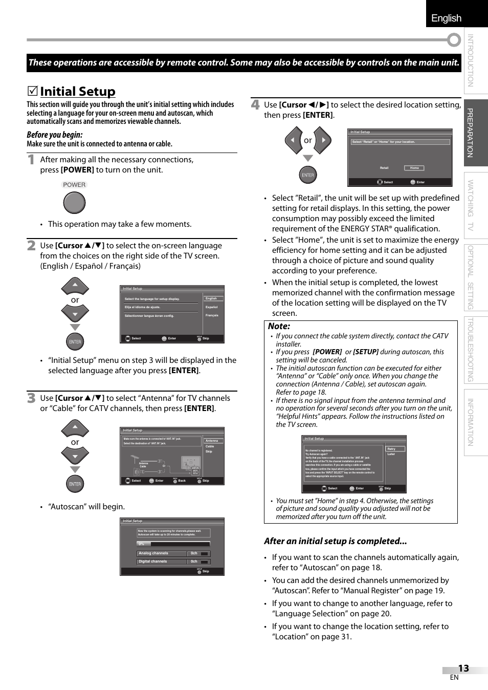 English español français, 5 initial setup, Before you begin | After an initial setup is completed, Autoscan” will begin | Emerson LC320EMXF User Manual | Page 13 / 116