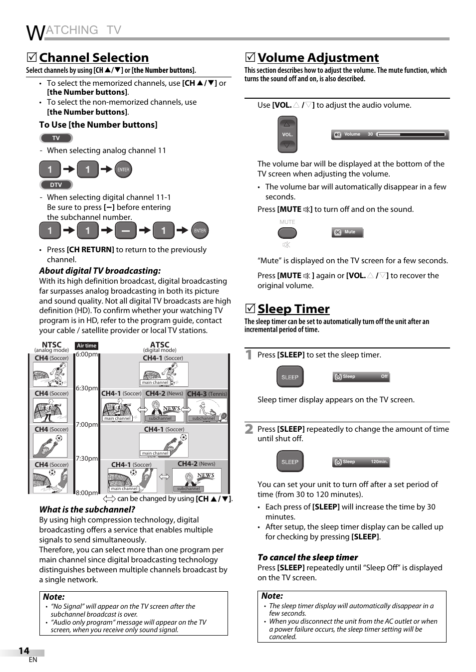 Atching tv, 5 channel selection, 5 volume adjustment | 5 sleep timer | Emerson LC320EMXF User Manual | Page 14 / 116