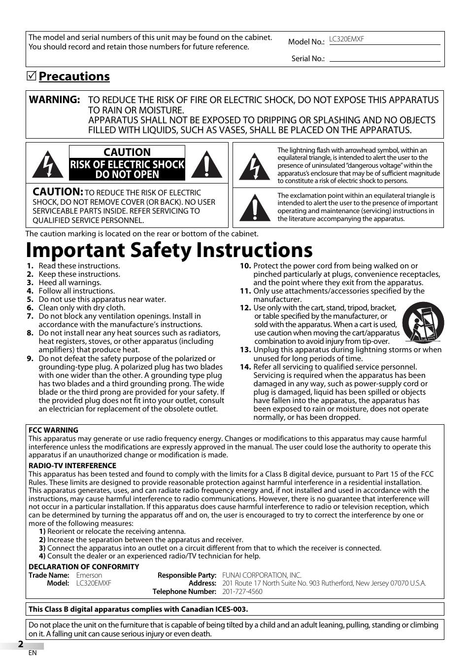 Important safety instructions, 5 precautions, Caution | Caution risk of electric shock do not open, Warning | Emerson LC320EMXF User Manual | Page 2 / 116