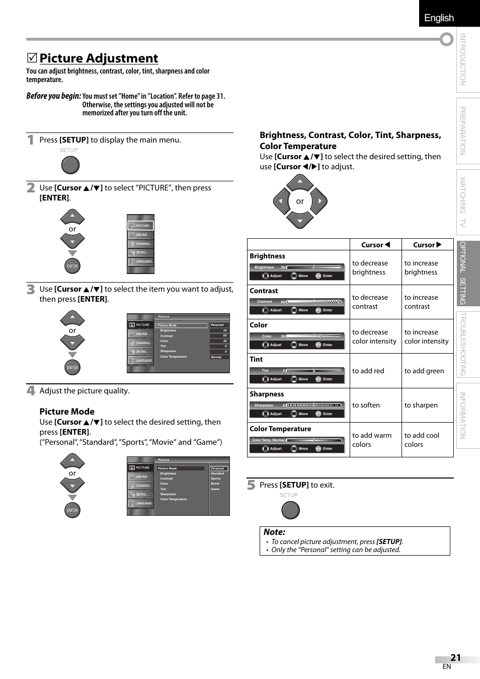 English español français, 5 picture adjustment, Before you begin | Picture mode, Press [setup] to display the main menu, Adjust the picture quality, Press [setup] to exit | Emerson LC320EMXF User Manual | Page 21 / 116