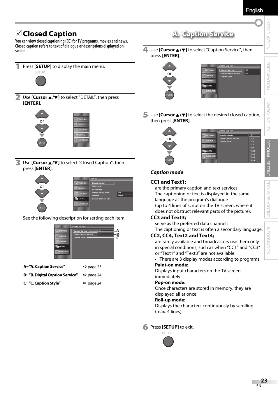 English español français, 5 closed caption, A. caption service | Caption mode cc1 and text1, Cc3 and text3, Cc2, cc4, text2 and text4 | Emerson LC320EMXF User Manual | Page 23 / 116