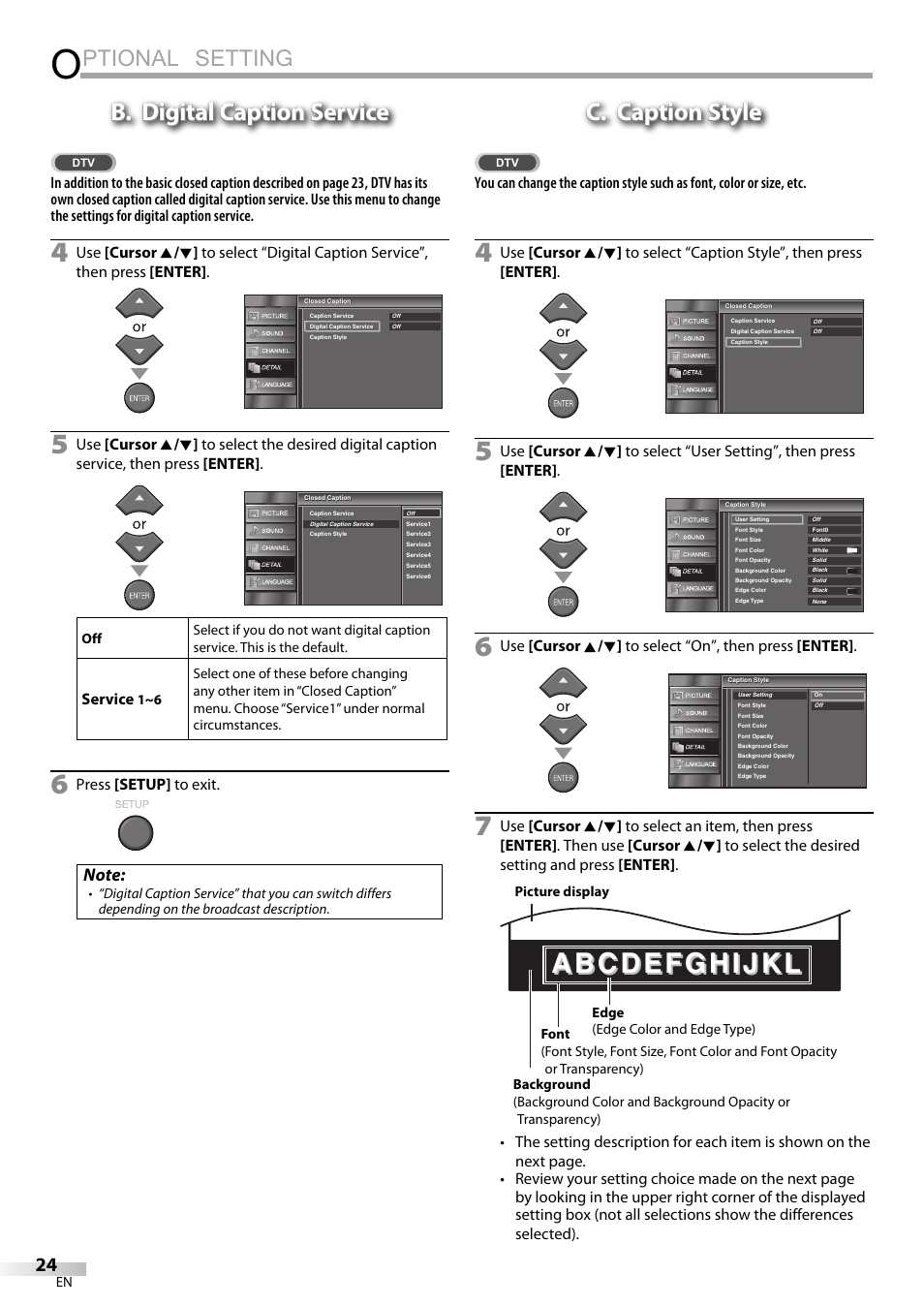 Ptional setting, B. digital caption service, C. caption style | Emerson LC320EMXF User Manual | Page 24 / 116