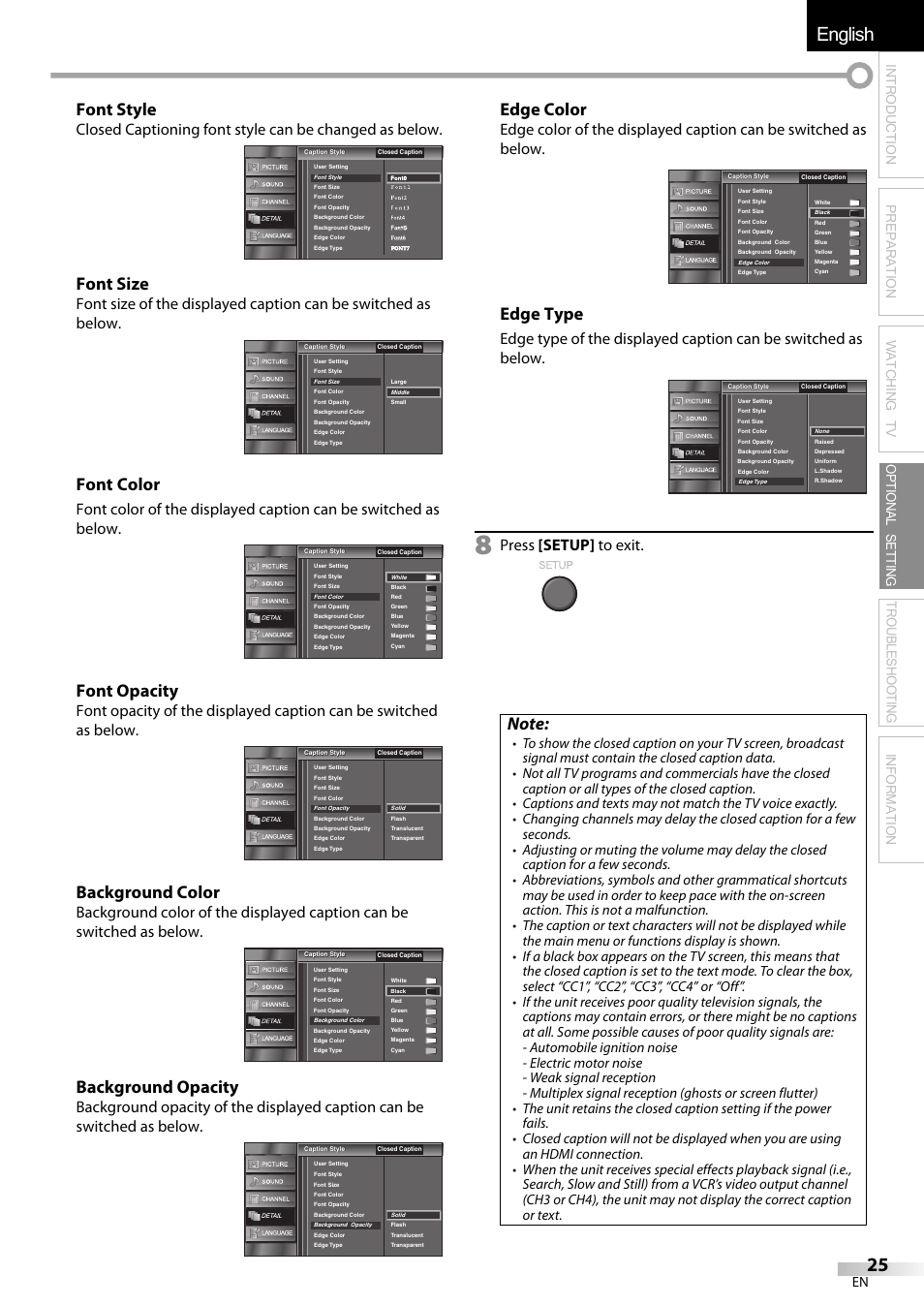 English español français, Font style, Font size | Font color, Font opacity, Background color, Background opacity, Edge color, Edge type, Press [setup] to exit | Emerson LC320EMXF User Manual | Page 25 / 116