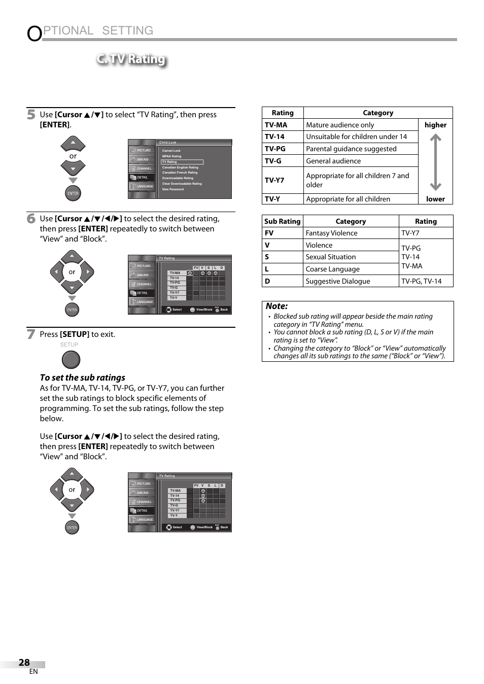 Ptional setting, C. tv rating, Press [setup] to exit | Emerson LC320EMXF User Manual | Page 28 / 116