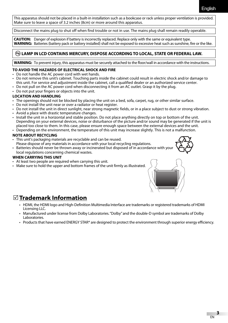 English español français, 5 trademark information | Emerson LC320EMXF User Manual | Page 3 / 116