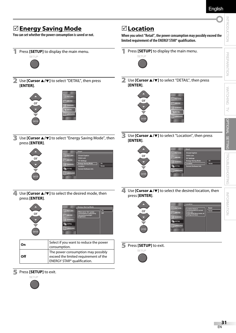 English español français, 5 energy saving mode, 5 location | Emerson LC320EMXF User Manual | Page 31 / 116