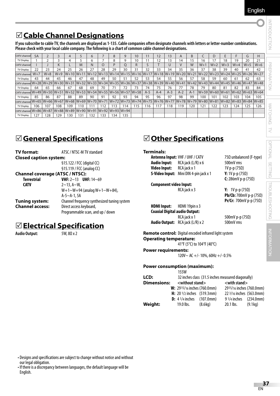 English español français, 5 general specifications, 5 electrical specification | 5 other specifications, 5 cable channel designations | Emerson LC320EMXF User Manual | Page 37 / 116