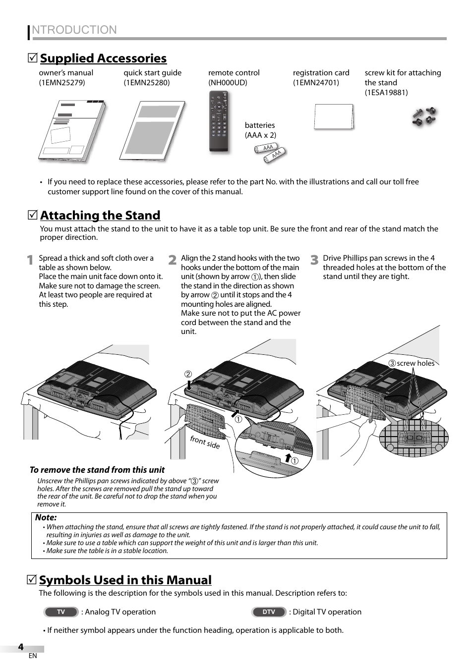 Ntroduction, 5 supplied accessories 5 attaching the stand, 5 symbols used in this manual | Emerson LC320EMXF User Manual | Page 4 / 116