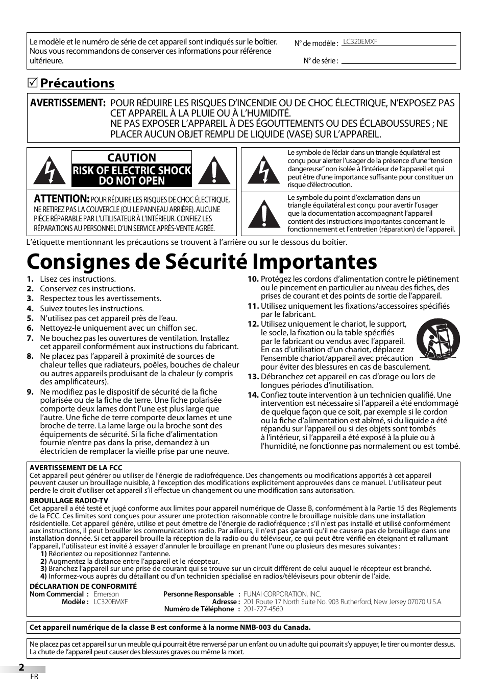 Consignes de sécurité importantes, 5 précautions, Attention | Caution risk of electric shock do not open, Avertissement | Emerson LC320EMXF User Manual | Page 41 / 116