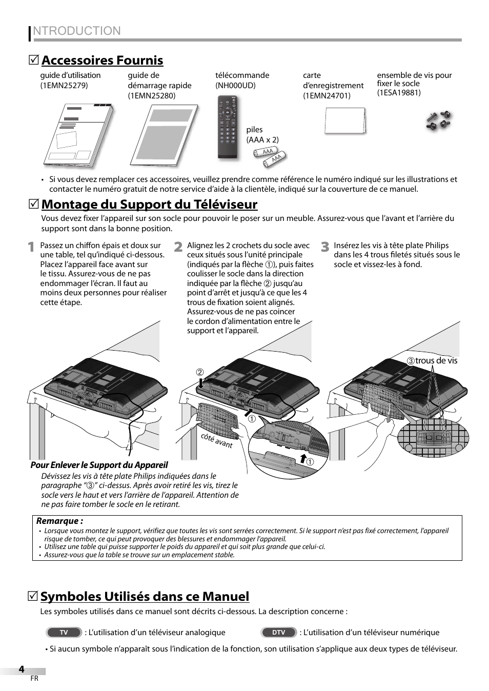 Ntroduction, 5 montage du support du téléviseur, 5 accessoires fournis | 5 symboles utilisés dans ce manuel | Emerson LC320EMXF User Manual | Page 43 / 116
